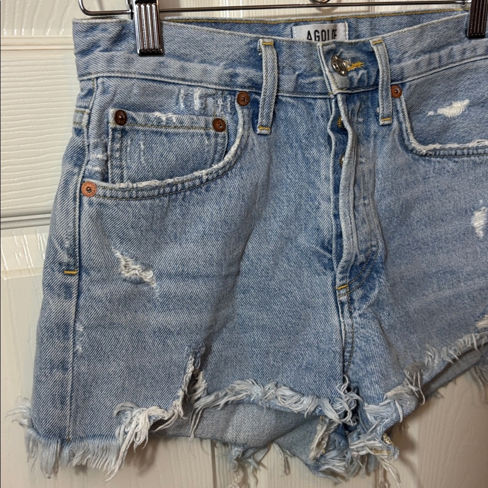 Agolde Light Blue Distressed Denim Cutoff Shorts - Picture 2 of 10